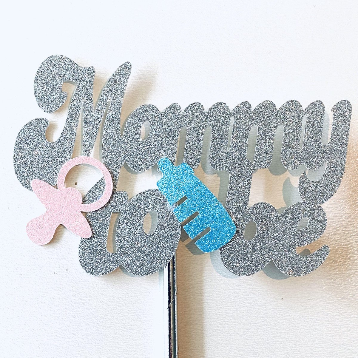 Taarttopper| Cake topper |Baby| Mommy To Be| Zilver glitter| Blauw roze 14 cm| karton